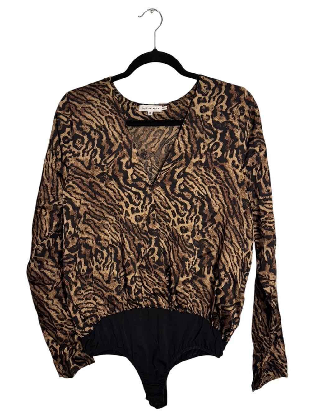 Good American Jaguar Leopard Print Satin Faux Wrap Bodysuit Long Sleeve Large 3